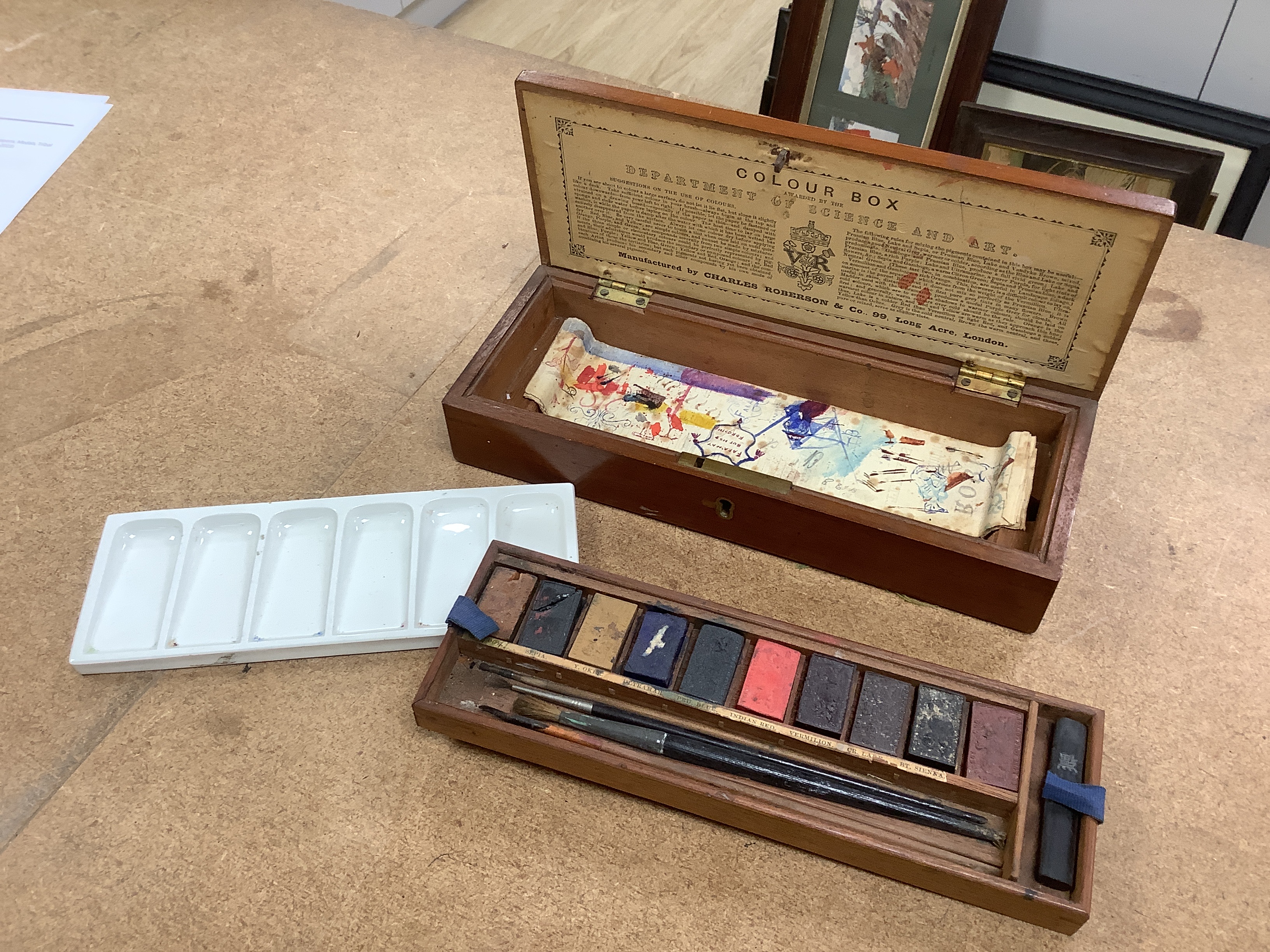 A Charles Roberson mahogany cased watercolourist's paints